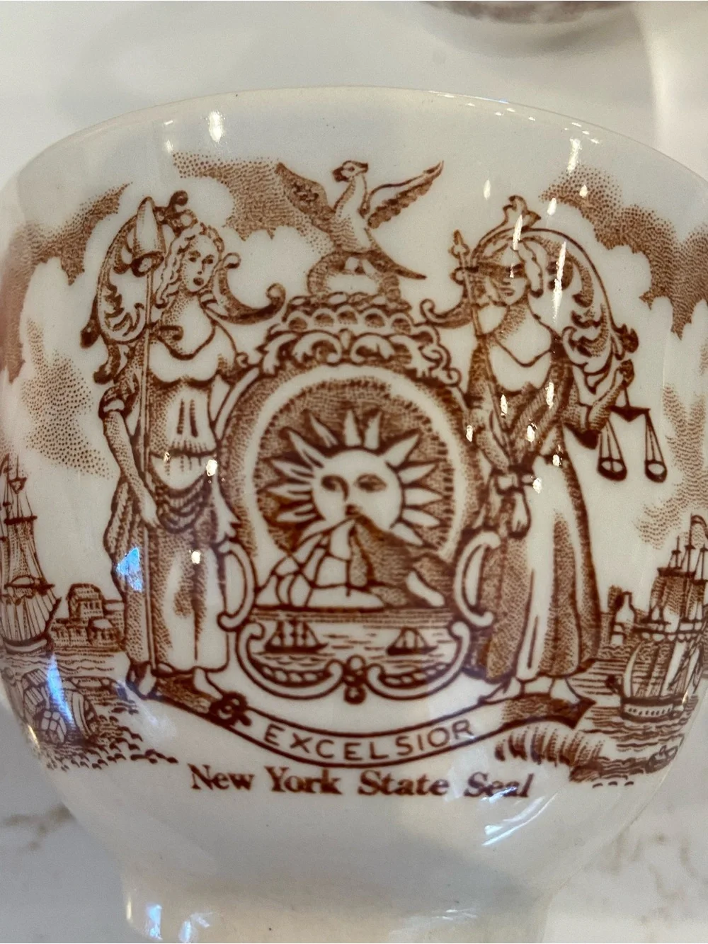 Tea Cup & Saucer Service For (8) New York Harbor Scene, State Seal By Fair Winds